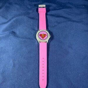 Superman Pink Silicone Strap Watch With Rhinestone Bezel Six Flags Logo DC Comic
